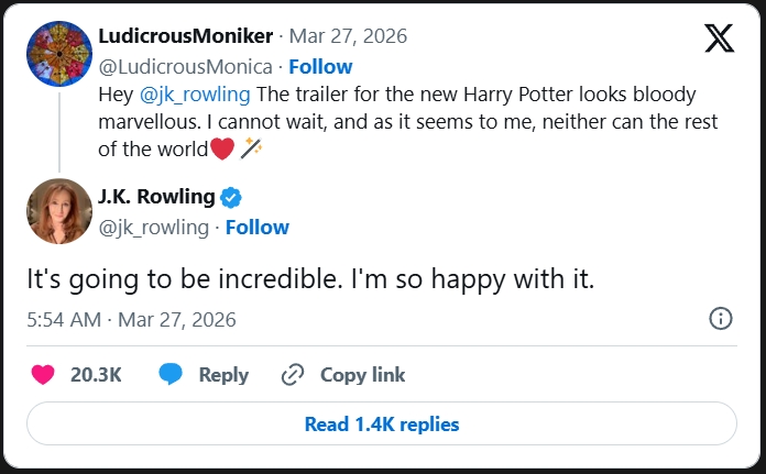 J.K. Rowling ชื่นชมตัวอย่าง Harry Potter มั่นใจซีรีส์ใหม่จะออกมายอดเยี่ยม 2 J.K. Rowling ชื่นชมตัวอย่าง Harry Potter มั่นใจซีรีส์ใหม่จะออกมายอดเยี่ยม