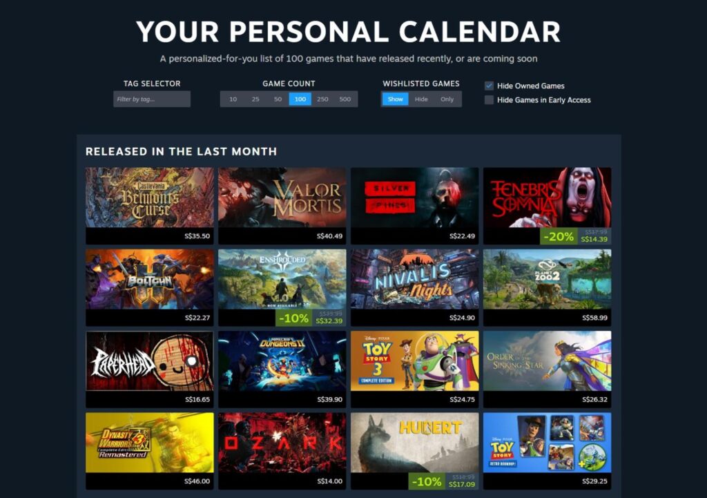 Steam’s Personal Calendar